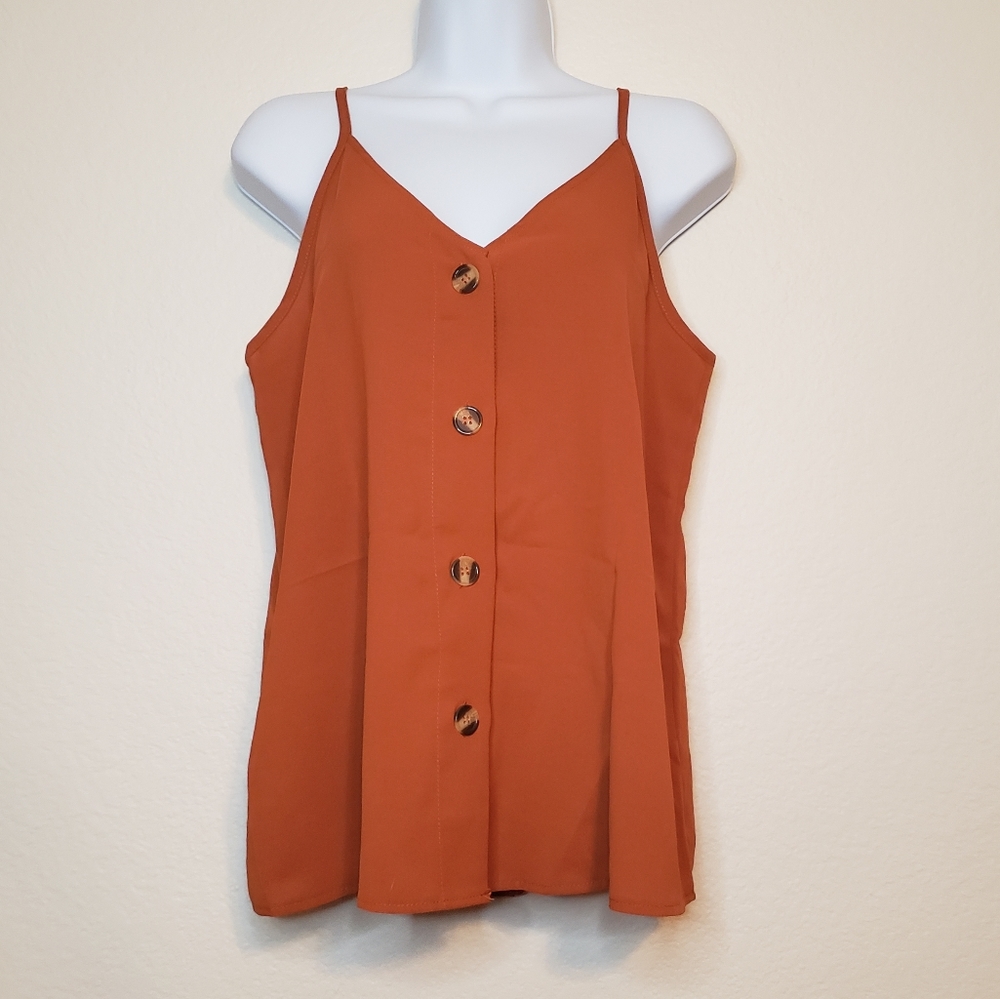 Women's Orange Brown V Neck Button Down Sleeveless Spaghetti Strap Top Medium